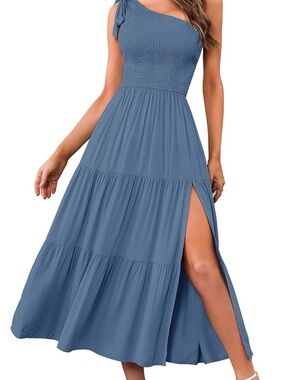 One-Shoulder Blue Maxi Dress with Side Slit